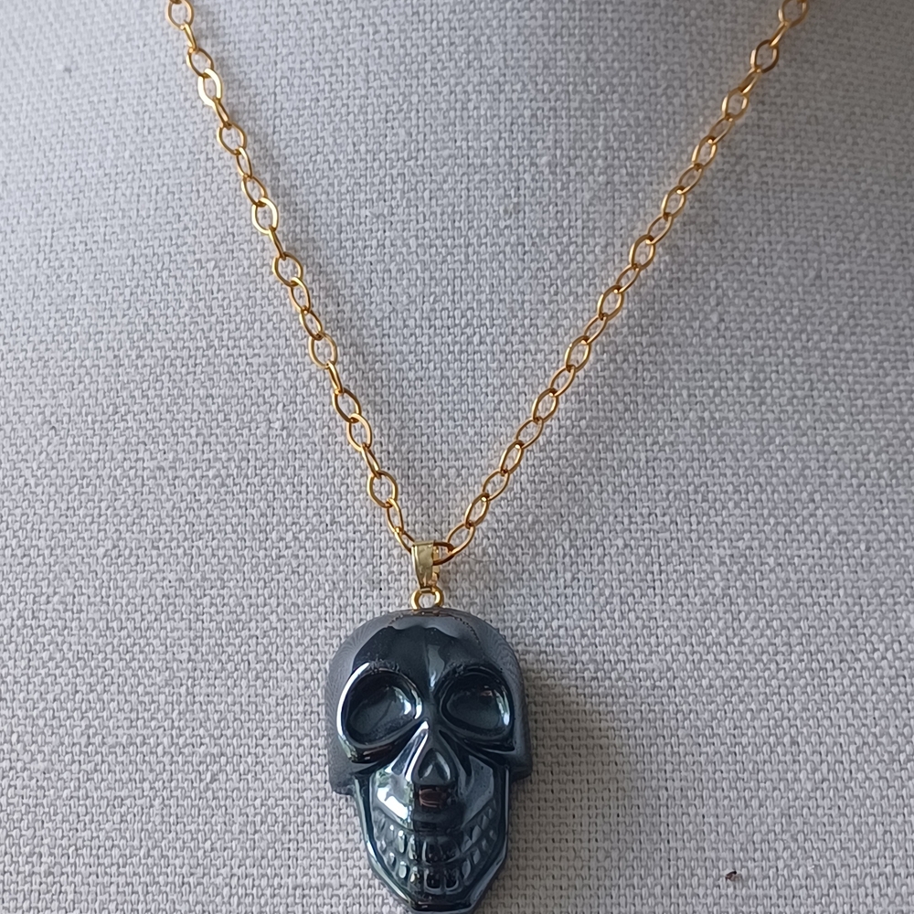 Gold Chain Necklace with Black Hematite Skull Pendant